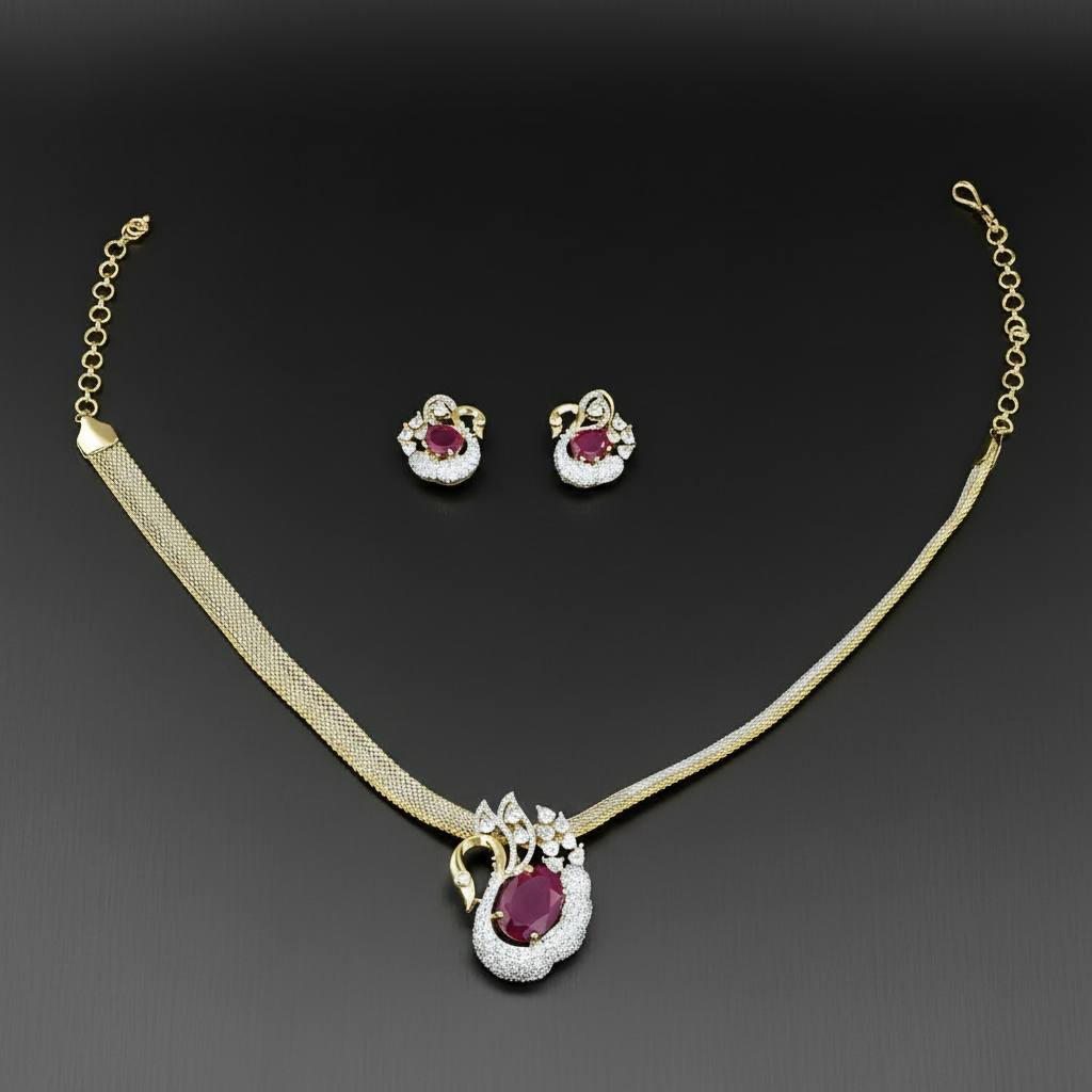 Double Tone CZ Swan Motif Pendant Necklace Set Pave Diamond Mesh Chain with Oval Stone and Matching Earrings
