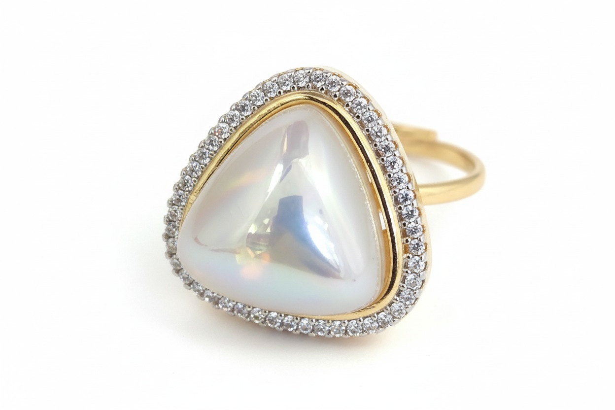 Triangular Pearl Halo Cocktail Ring AD Pave Border in Rhodium and double Tone Plating