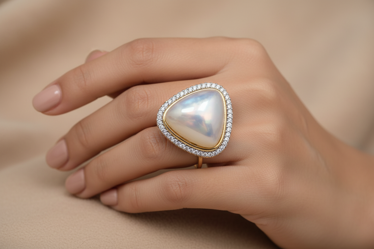 Hand wearing a ring with a large, heart-shaped gemstone on a beige background
