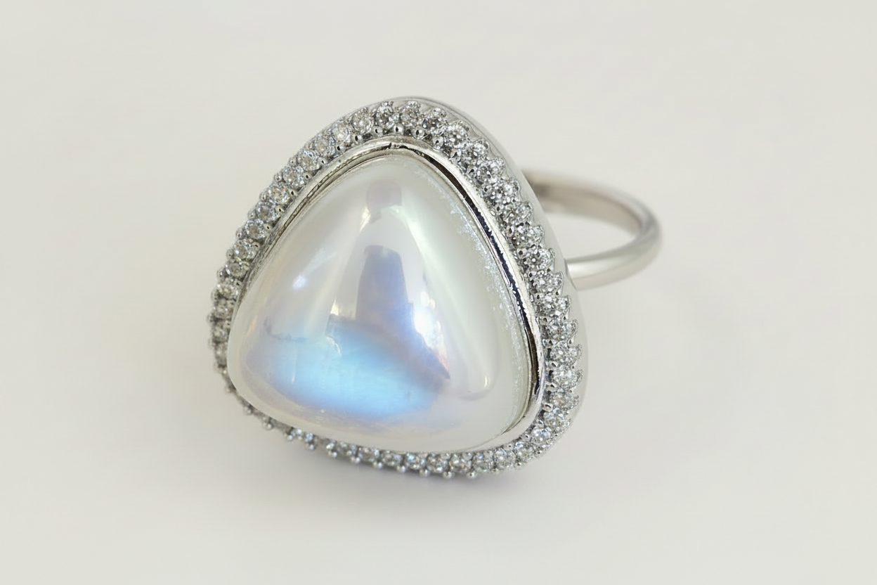 Ring with a triangular gemstone and diamond-studded band on a white background