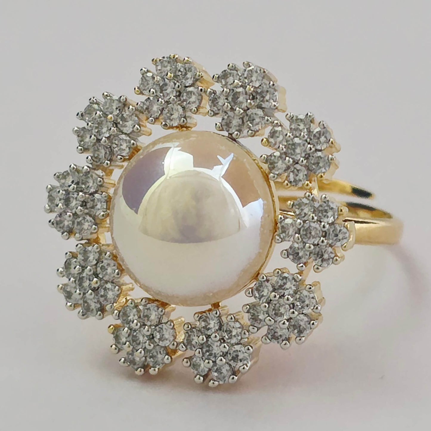 Pearl Snowflake Halo Cocktail Ring, AD Floral Spray, Rhodium and 2-Tone Plating