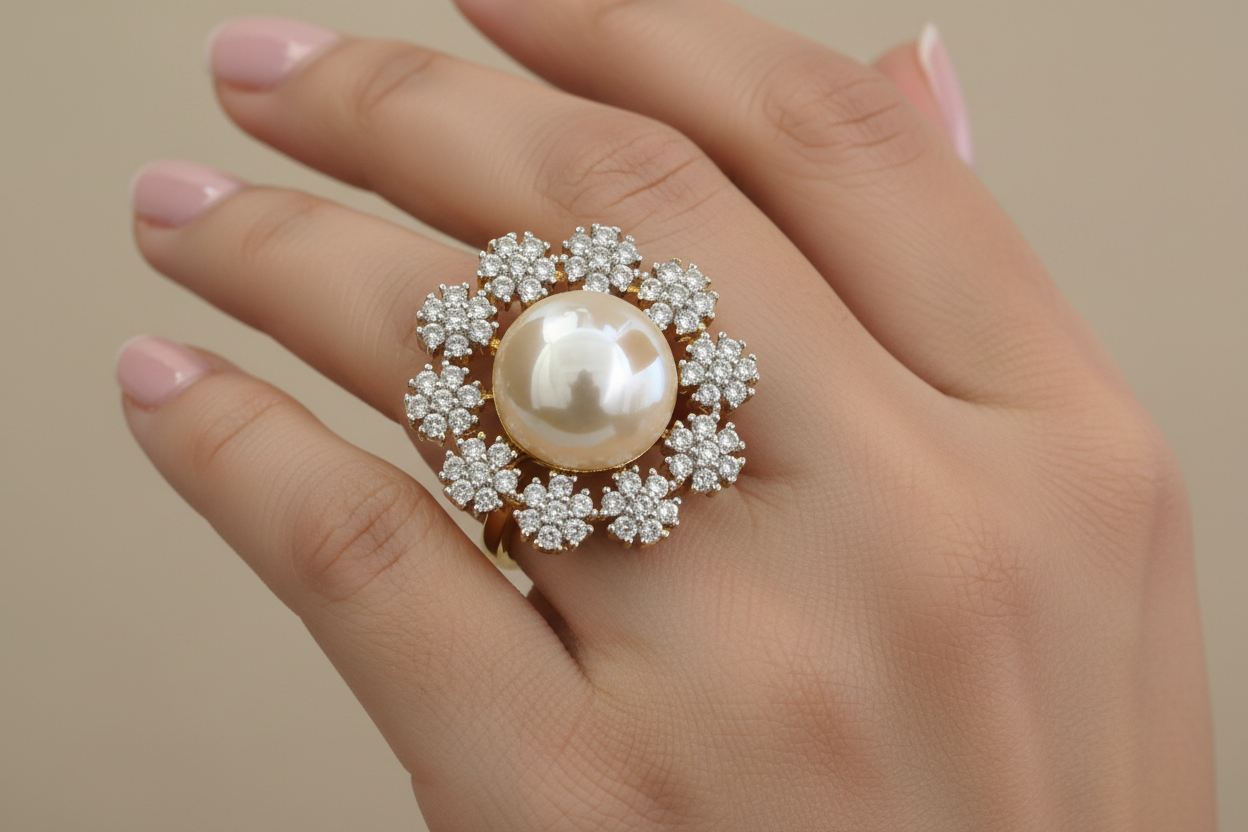 Pearl Snowflake Halo Cocktail Ring, AD Floral Spray, Rhodium and 2-Tone Plating