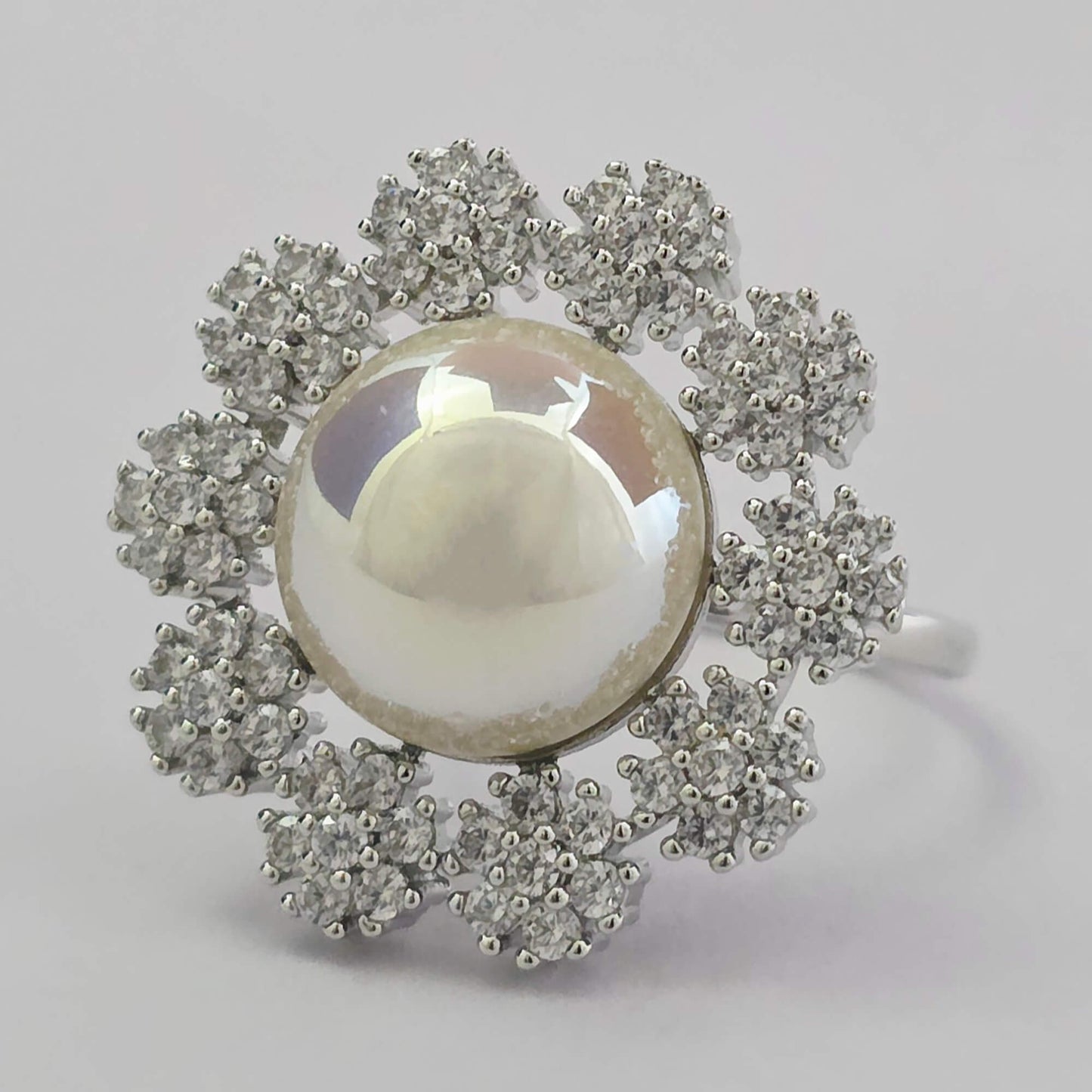 Pearl Snowflake Halo Cocktail Ring, AD Floral Spray, Rhodium and 2-Tone Plating
