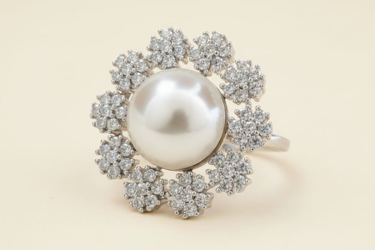 Pearl Snowflake Halo Cocktail Ring, AD Floral Spray, Rhodium and 2-Tone Plating