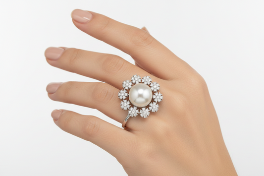 Pearl Snowflake Halo Cocktail Ring, AD Floral Spray, Rhodium and 2-Tone Plating