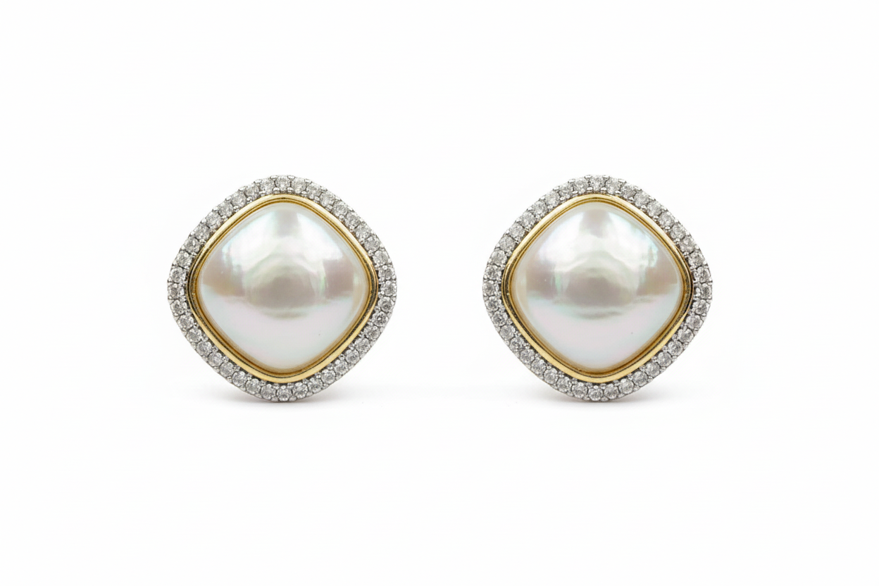 Cushion Mabe Pearl Halo Stud Earrings – AD Pave Border in Rhodium & 2-Tone Plating