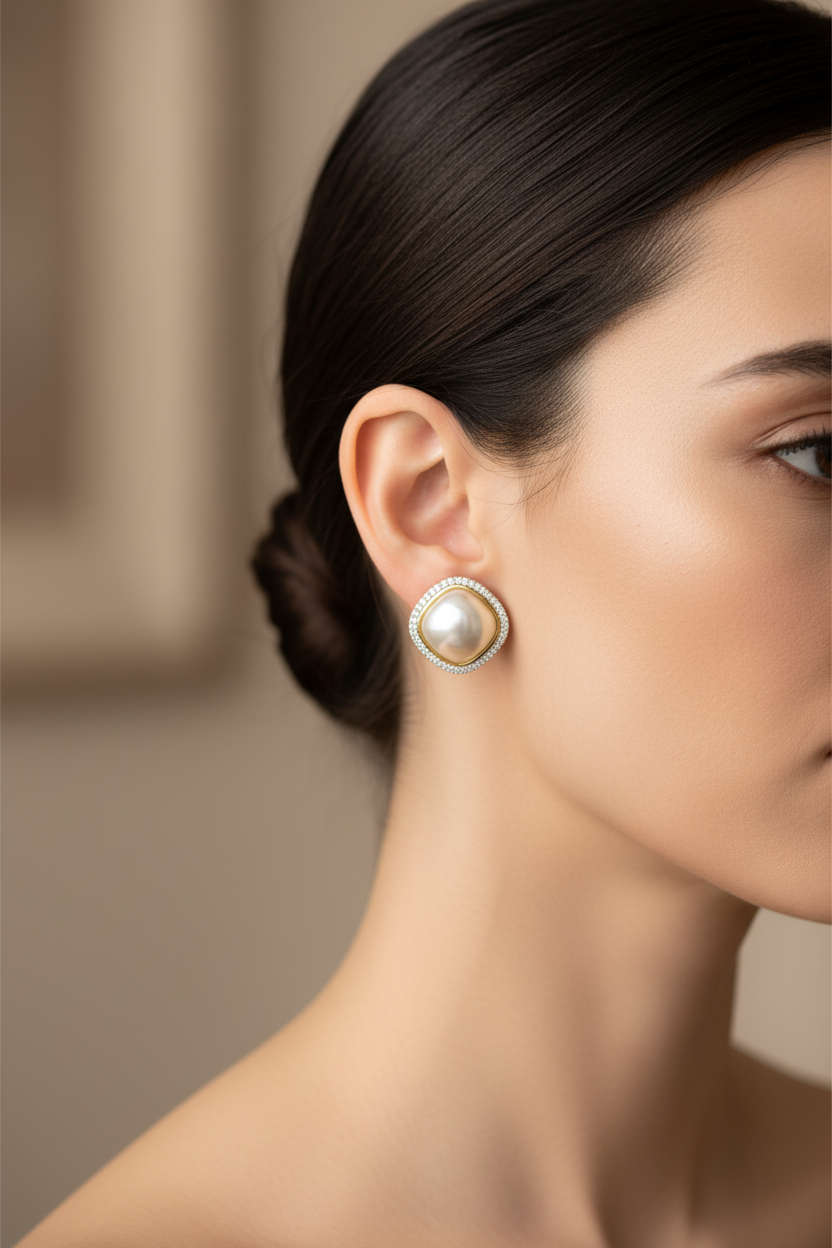 Cushion Mabe Pearl Halo Stud Earrings – AD Pave Border in Rhodium & 2-Tone Plating