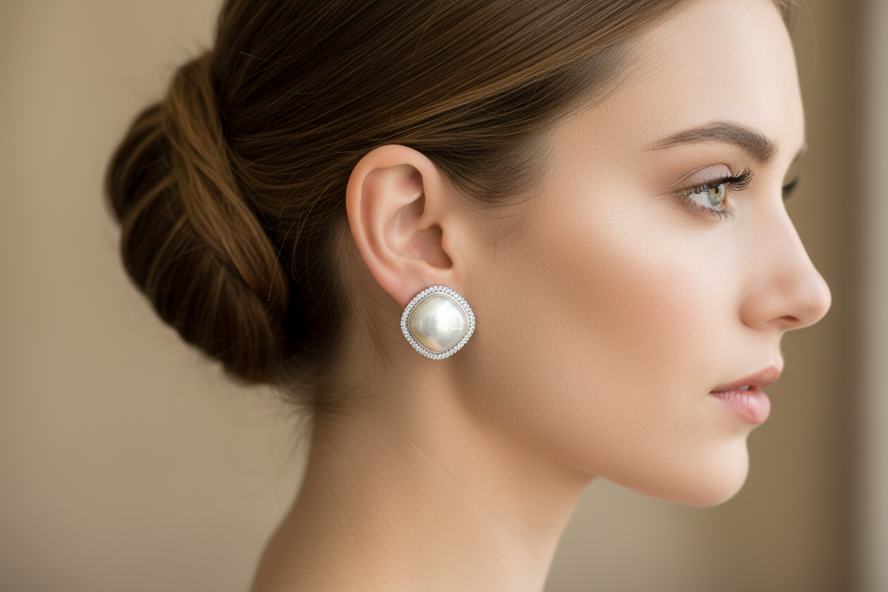 Cushion Mabe Pearl Halo Stud Earrings – AD Pave Border in Rhodium & 2-Tone Plating