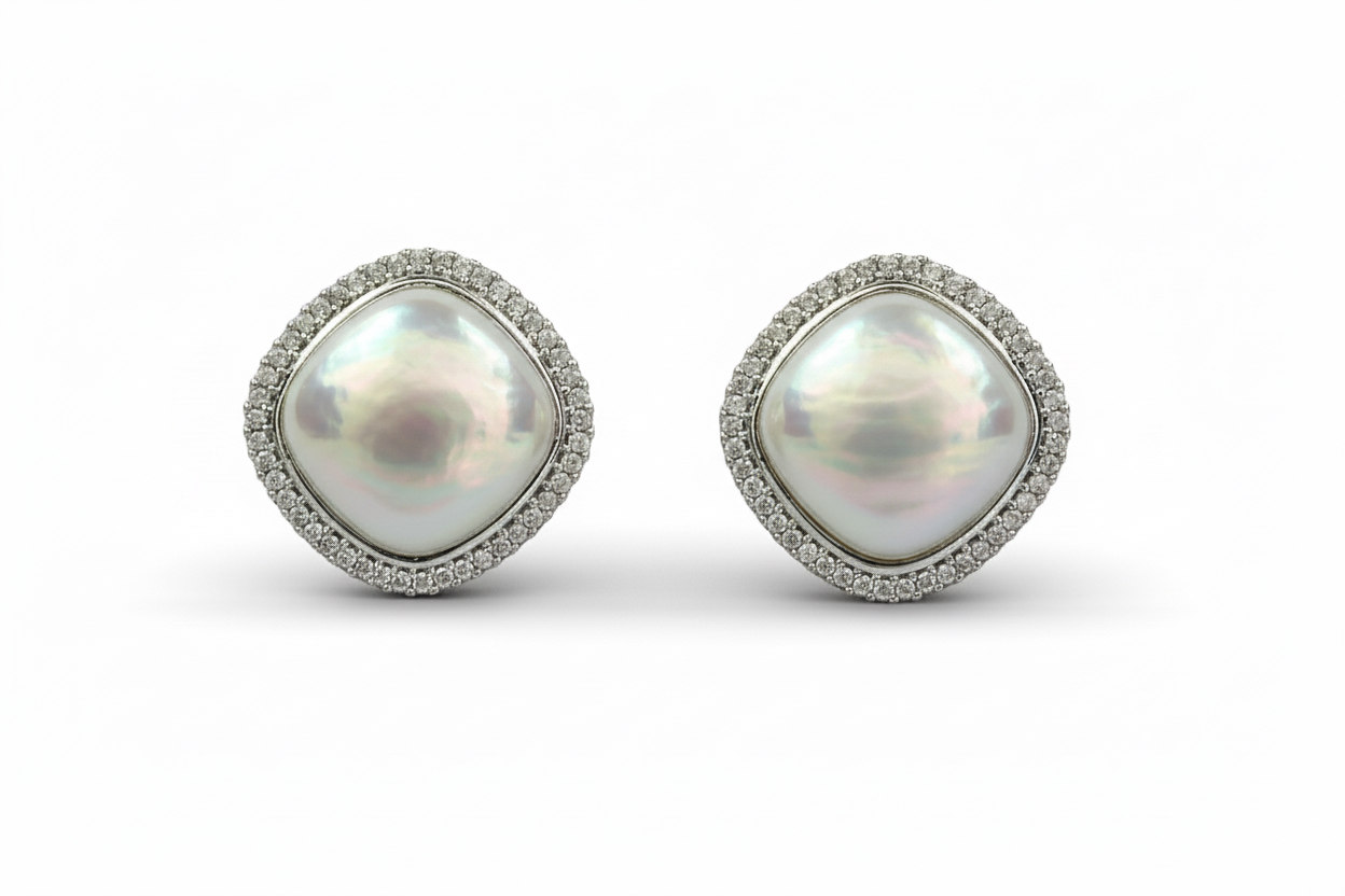 Cushion Mabe Pearl Halo Stud Earrings – AD Pave Border in Rhodium & 2-Tone Plating