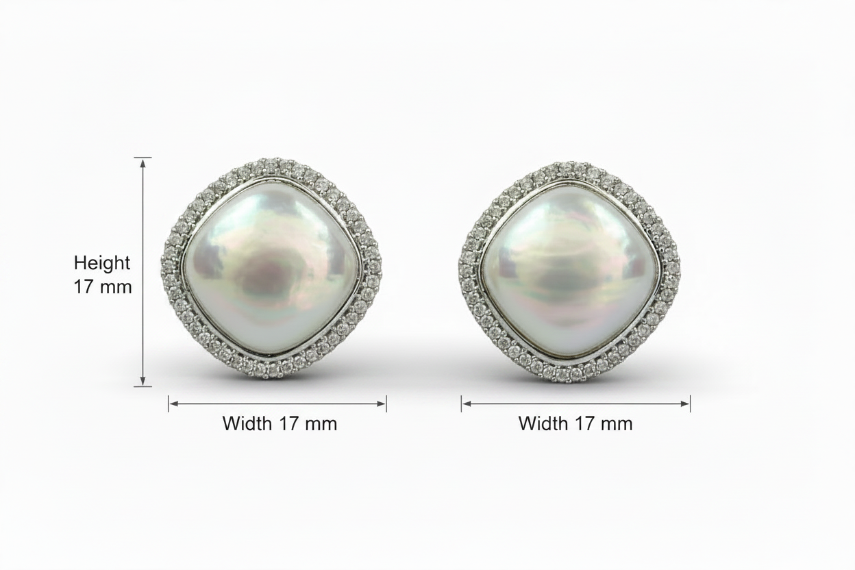 Cushion Mabe Pearl Halo Stud Earrings – AD Pave Border in Rhodium & 2-Tone Plating