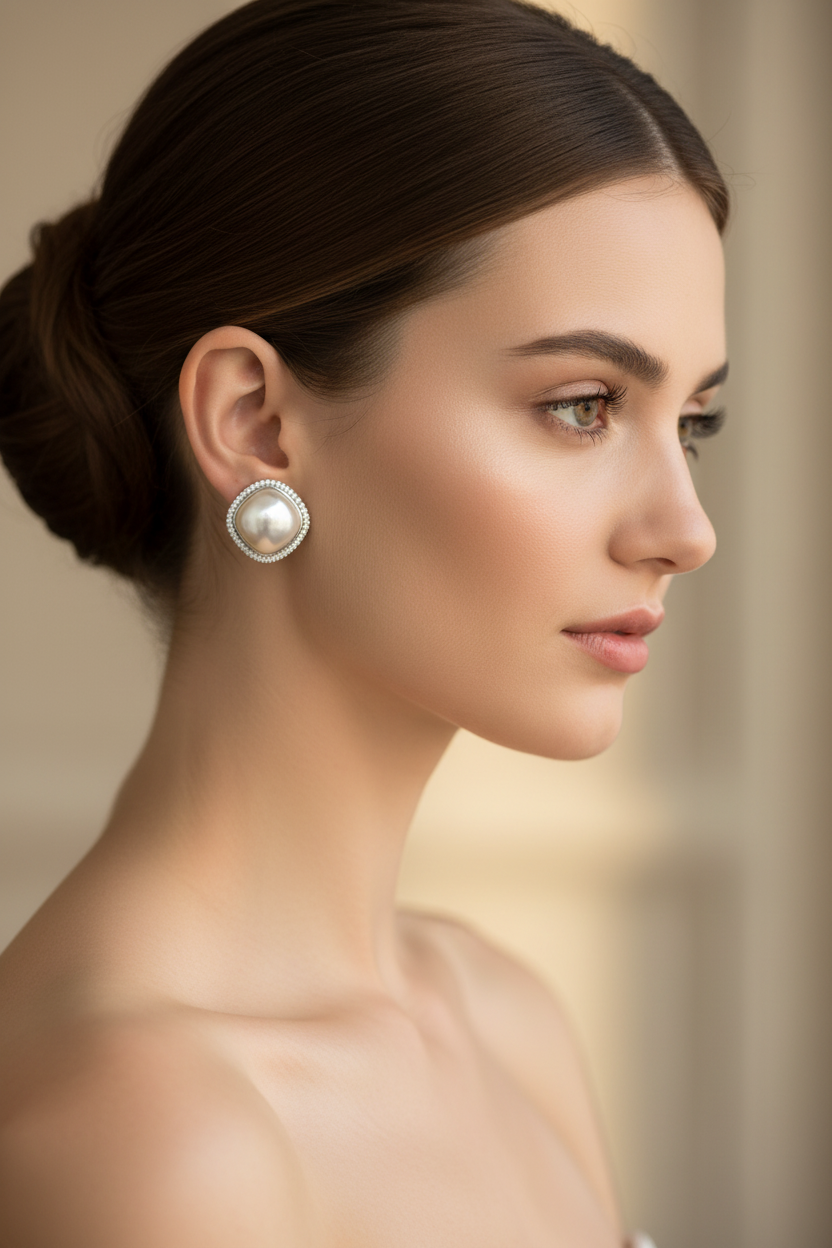 Cushion Mabe Pearl Halo Stud Earrings – AD Pave Border in Rhodium & 2-Tone Plating