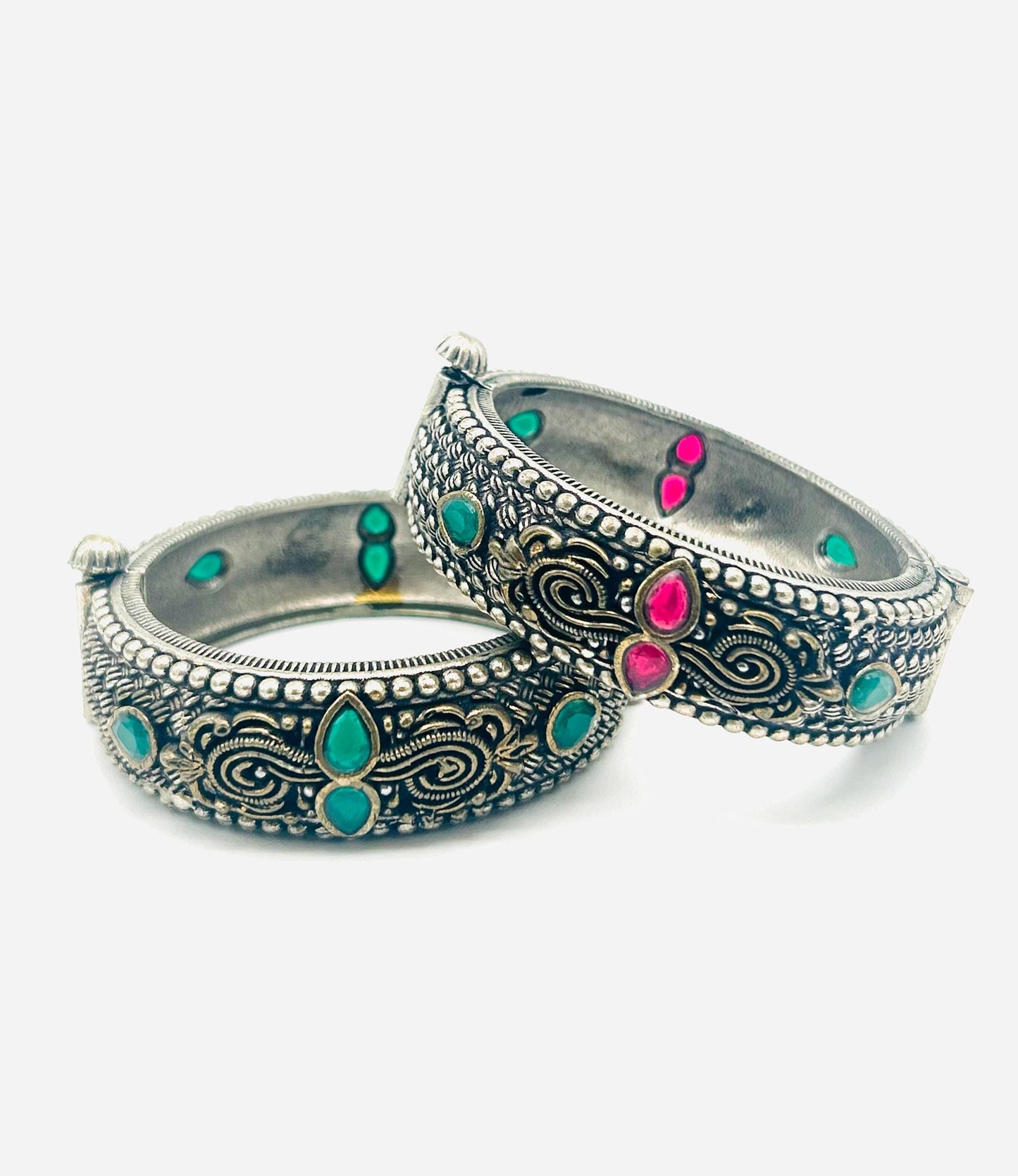 Ethnic Multi-Color Stone Openable Kadas (Set of 2)  German golden Silver Filigree & Beaded Bangles
