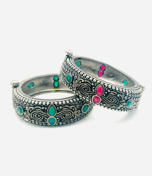 Ethnic Multi-Color Stone Openable Kadas (Set of 2)  German golden Silver Filigree & Beaded Bangles