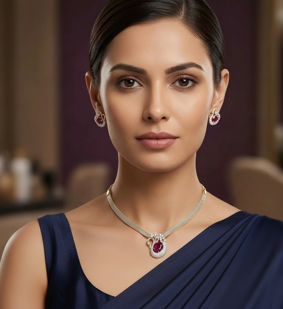 Double Tone CZ Swan Motif Pendant Necklace Set Pave Diamond Mesh Chain with Oval Stone and Matching Earrings
