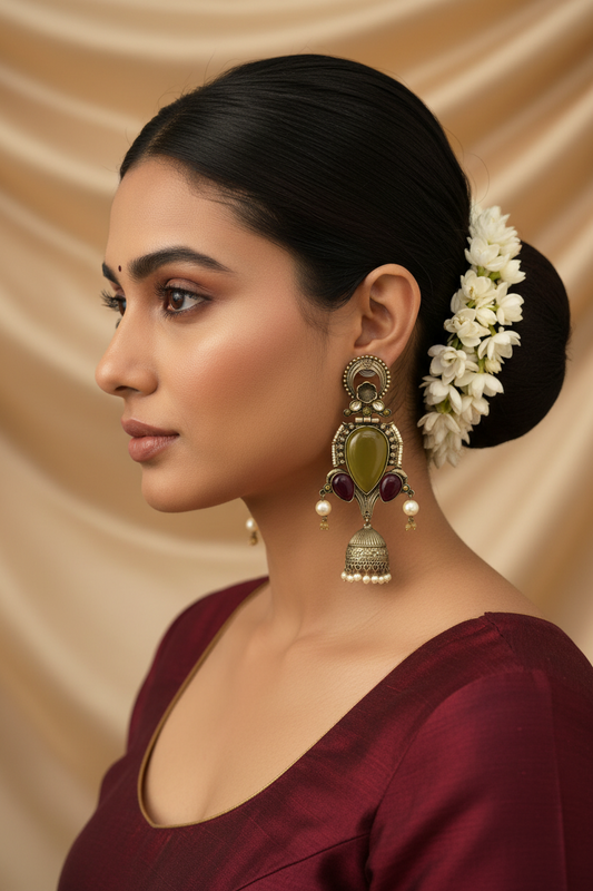 Antique Gold Tone Jhumka Earrings with Yellow & Ruby Stones - Traditional Temple Bell Earrings with Pearl Drops