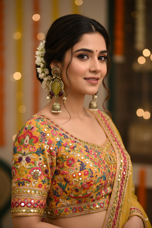 yellow earrnings wearing girl traditional outfit