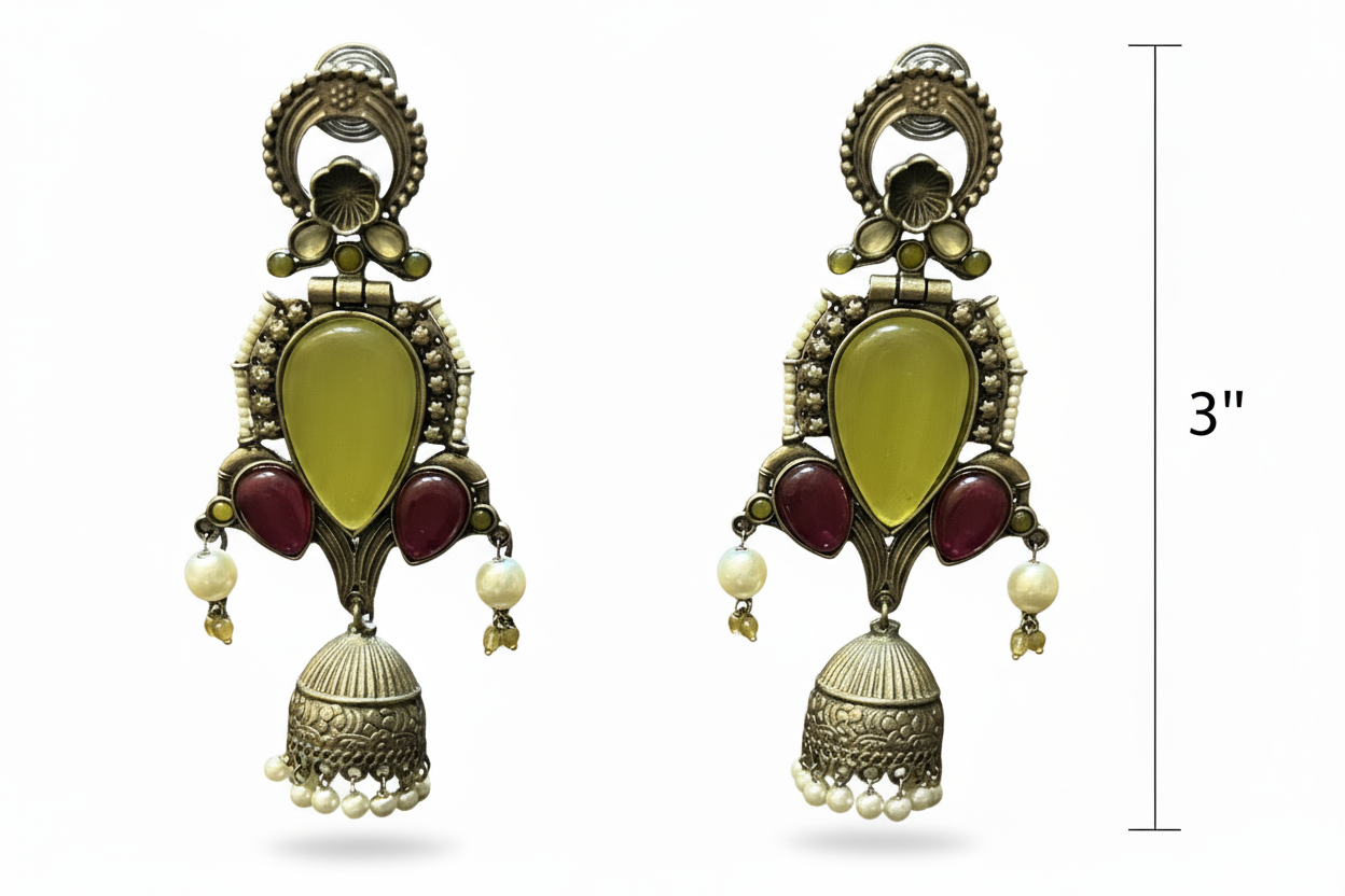 Antique Gold Tone Jhumka Earrings with Yellow & Ruby Stones - Traditional Temple Bell Earrings with Pearl Drops
