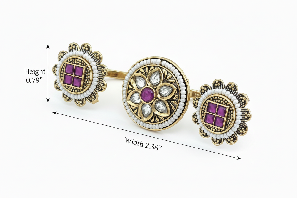 Gold and white tow finger ring with purple gemstones, shown with measurements on a white background.