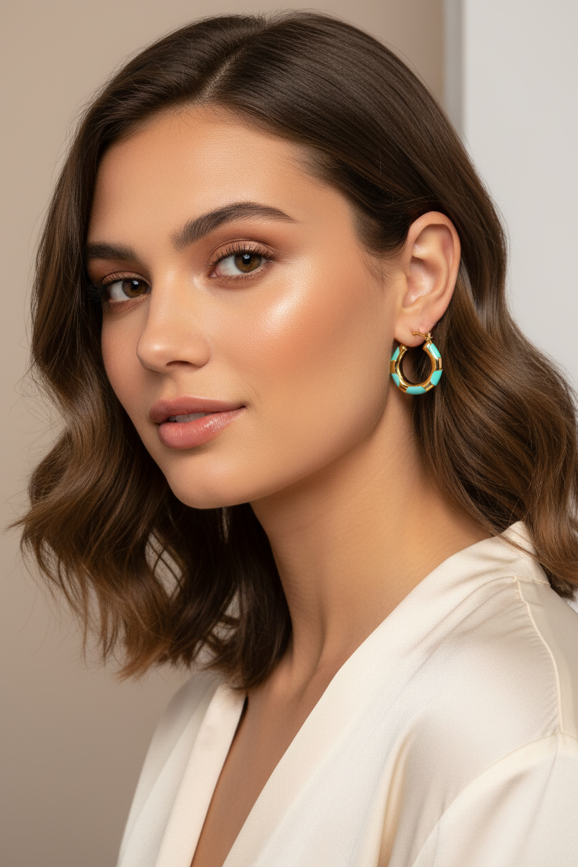 Woman wearing a gold hoop earring with a beige background