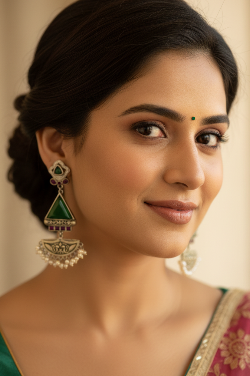Woman wearing traditional earrings and a saree with a neutral background