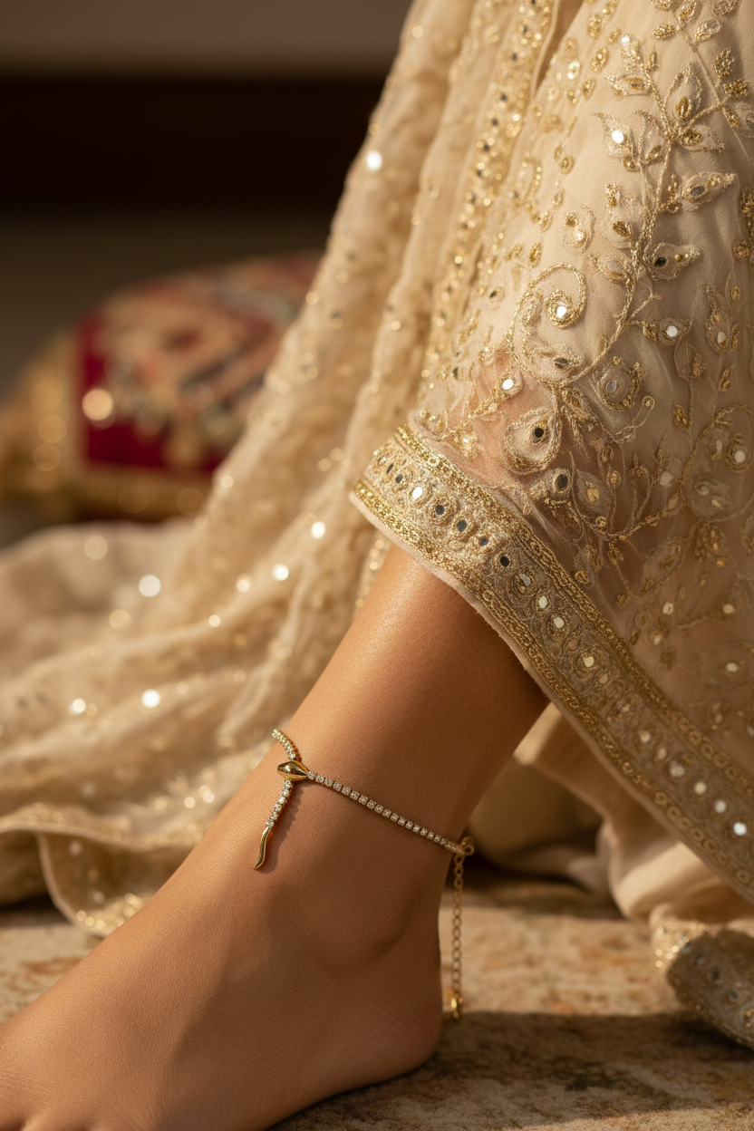 Close-up of a foot wearing a gold anklet with a traditional embroidered garment in the background.