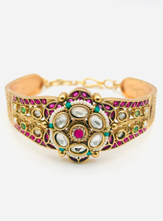 Kundan Polki Cuff Bracelet | Ruby, Emerald & Pearl Accents | Antique Gold Bangle