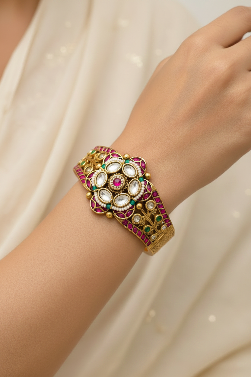 Heritage ruby green kundan cuff kada bracelet pearl beaded board template India jewelry 