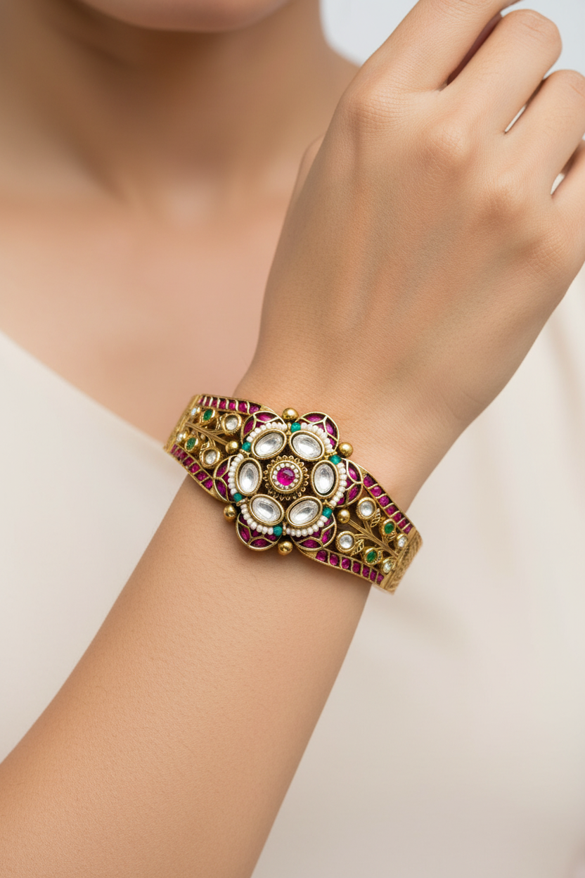 Women wearing antique kundan ruby cuff bracelet Indian traditional wedding jewelry 