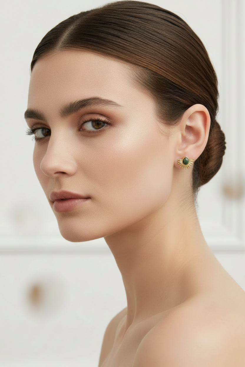 Woman wearing a green earring against a neutral background