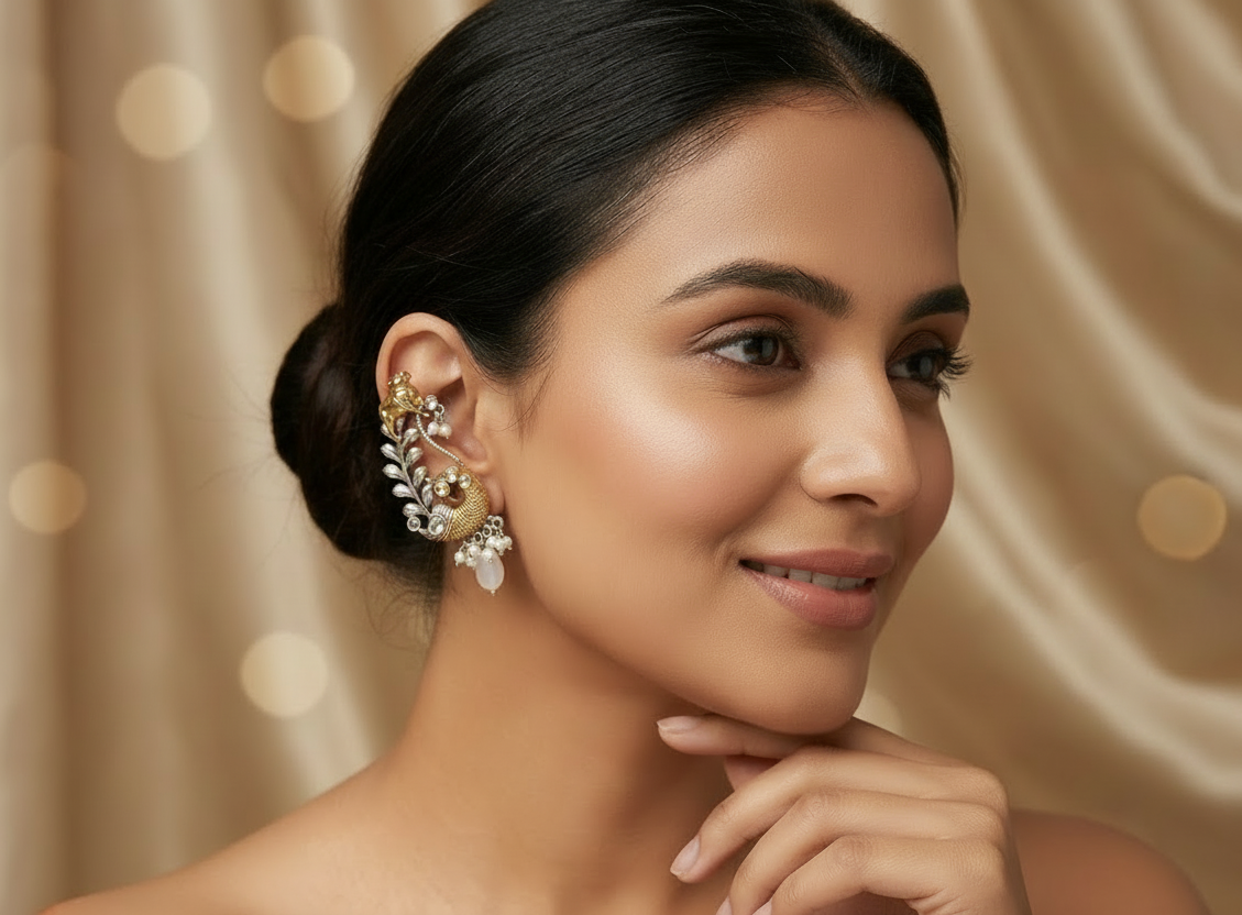 Peacock Motif Cuff Earrings - Temple Inspired Chandbali Style