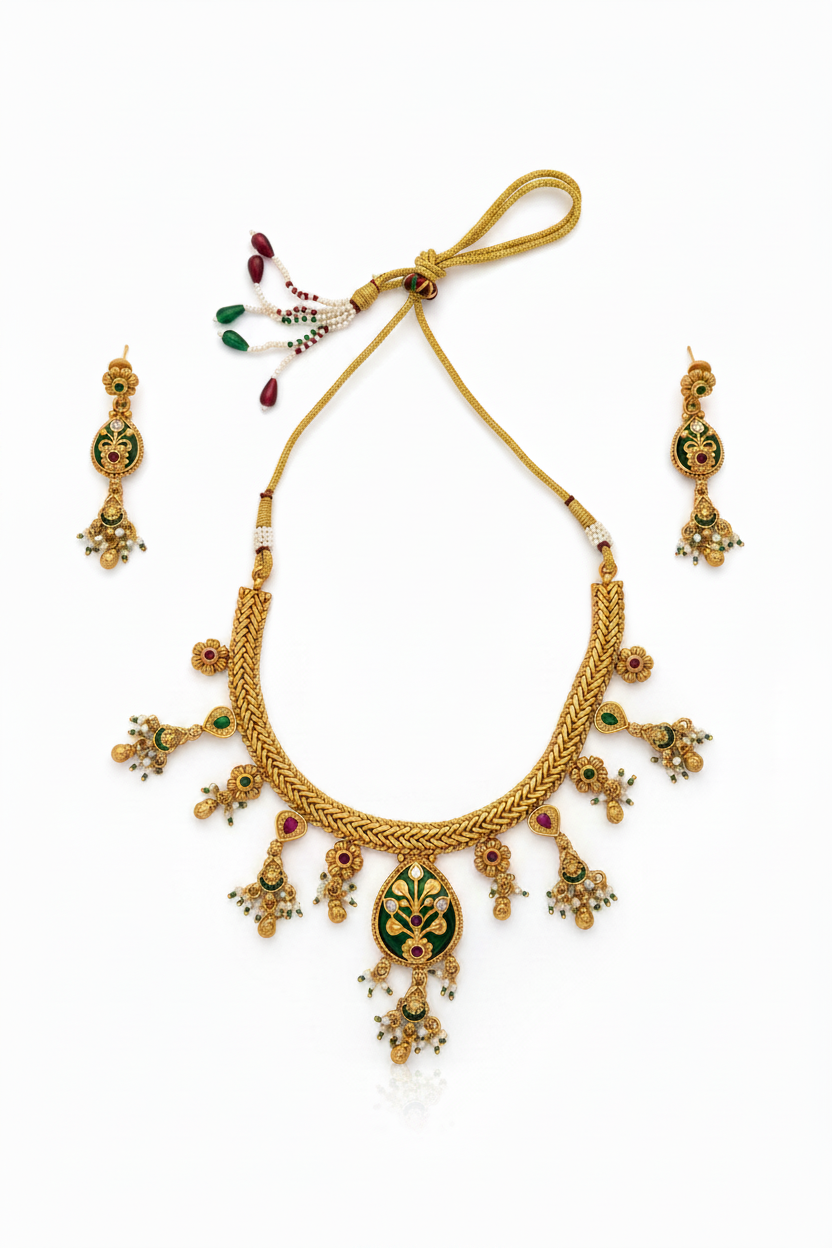 Antique Moti Necklace and Earring Set Meenakari Teardrop with Matte Gold Plating & Pearl Dangles