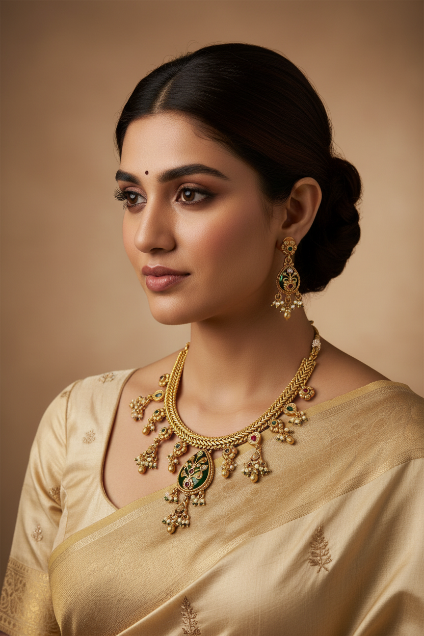 Antique Moti Necklace and Earring Set Meenakari Teardrop with Matte Gold Plating & Pearl Dangles