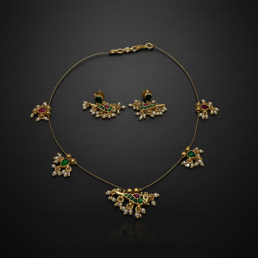 Peacock Pearl Jadau Invisible Chain Necklace Set - Antique Gold Temple Jewelry with Matching Earrings