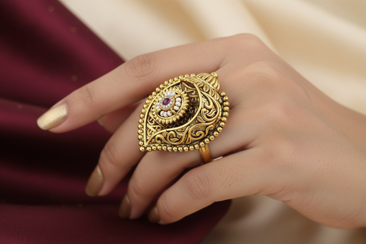 Temple Jewelry Adjustable Ring | Antique Gold Plated Pearl Ruby Stone Ring