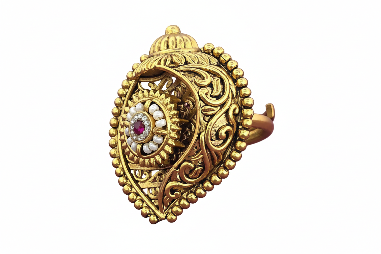Temple Jewelry Adjustable Ring | Antique Gold Plated Pearl Ruby Stone Ring