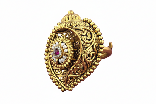 Temple Jewelry Adjustable Ring | Antique Gold Plated Pearl Ruby Stone Ring