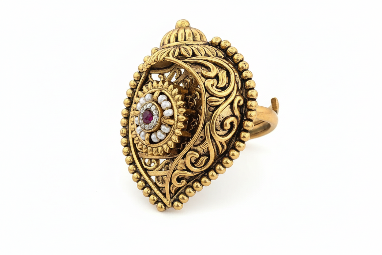 Temple Jewelry Adjustable Ring | Antique Gold Plated Pearl Ruby Stone Ring