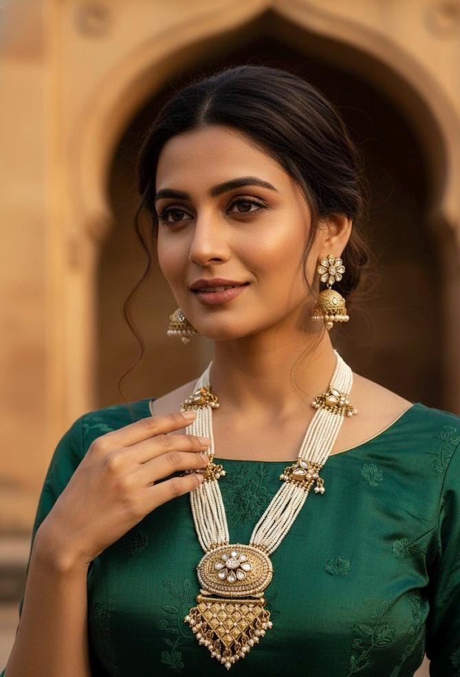 Woman wearing gold jewelry against a warm-toned architectural background