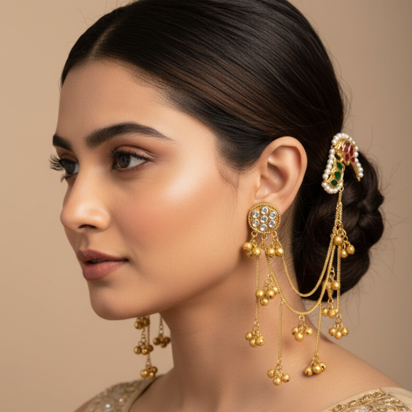 Woman wearing gold earrings with a neutral background