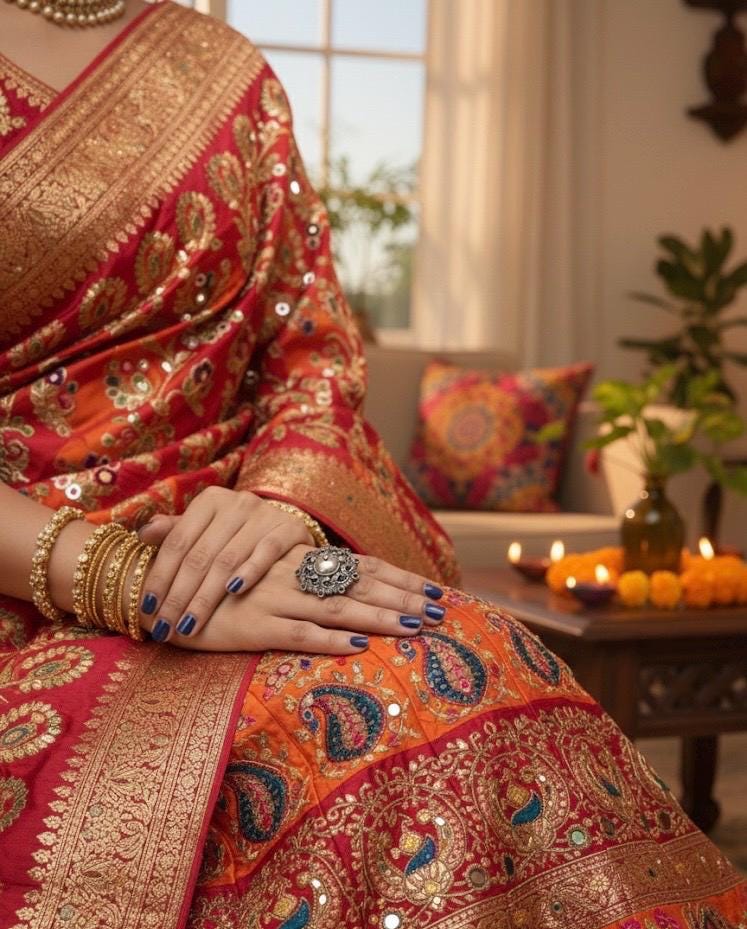 Person wearing a traditional saree with intricate patterns in a room setting.