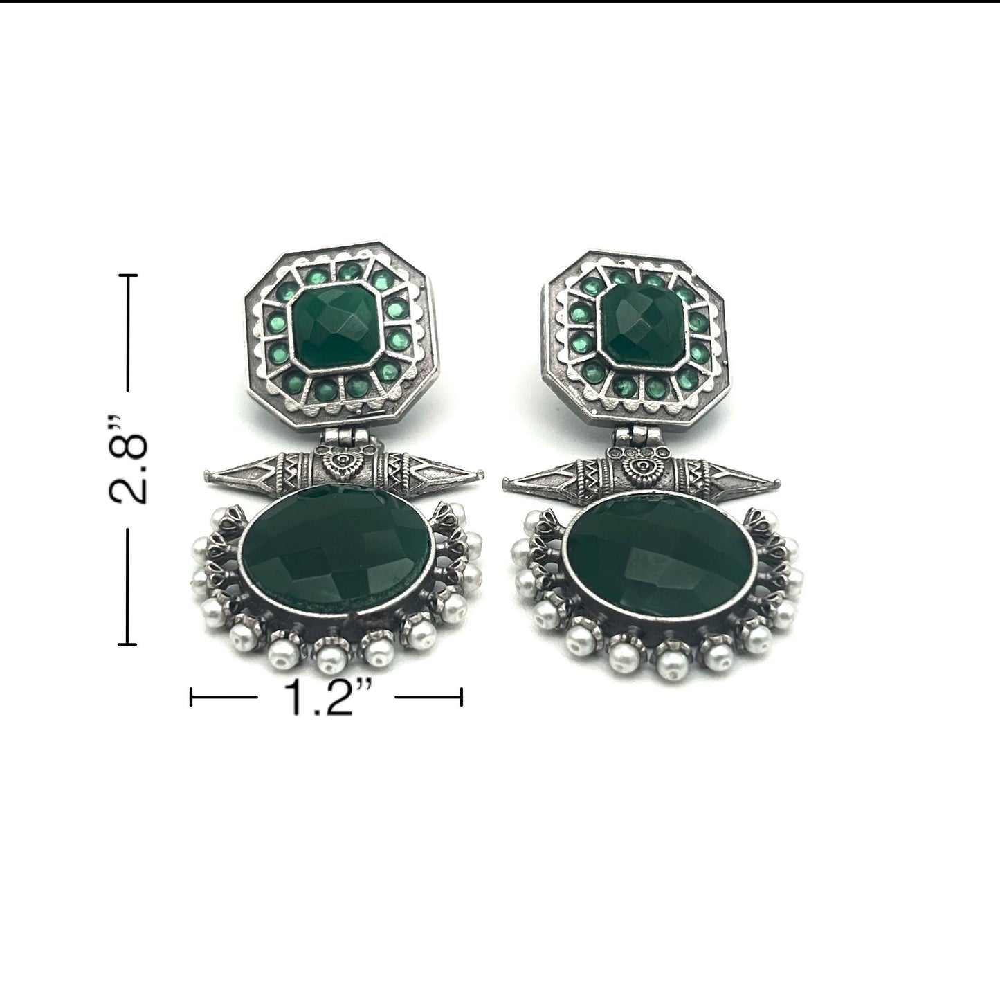 Pair of earrings with green gemstones and silver accents, shown with measurements on a white background.