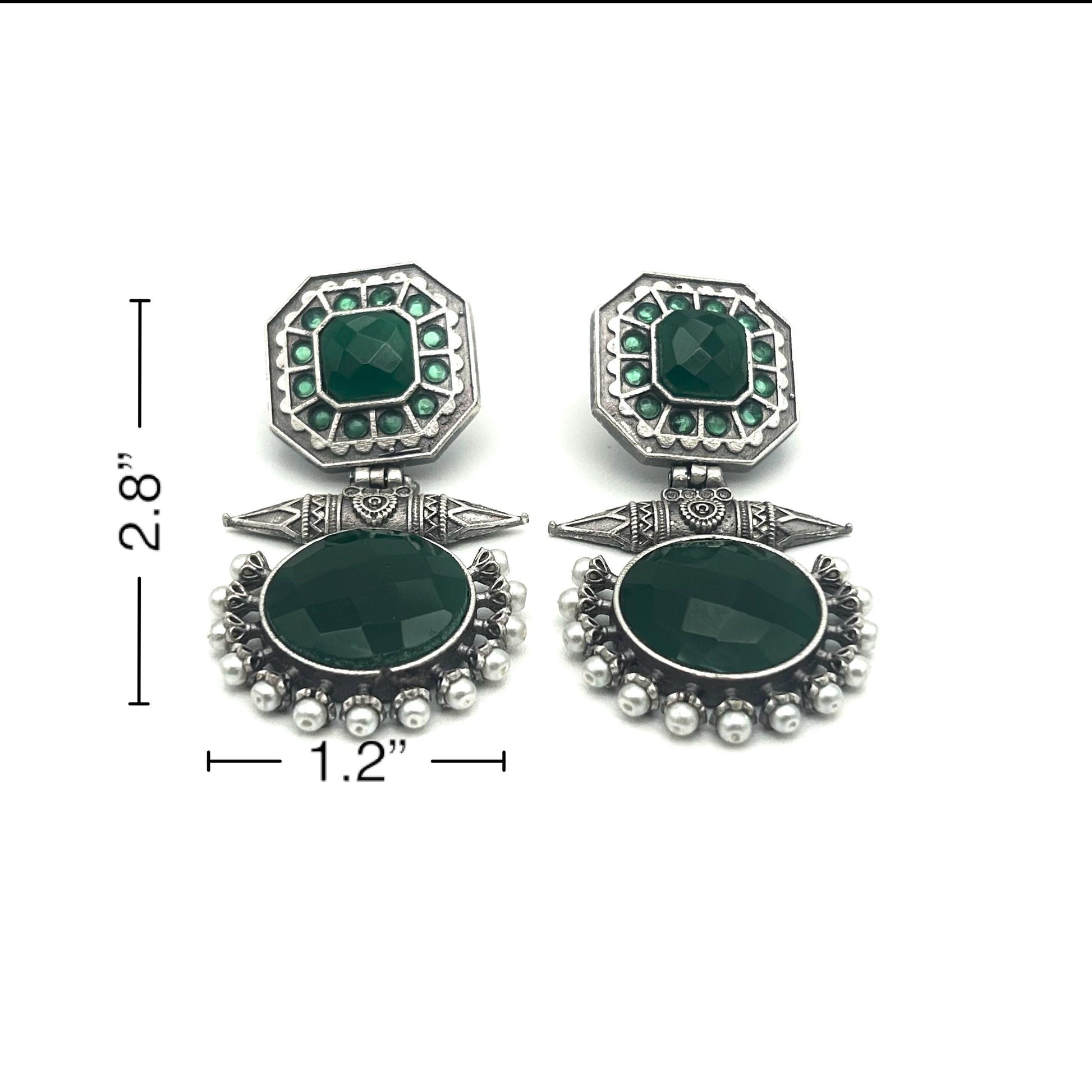 Pair of earrings with green gemstones and silver accents, shown with measurements on a white background.