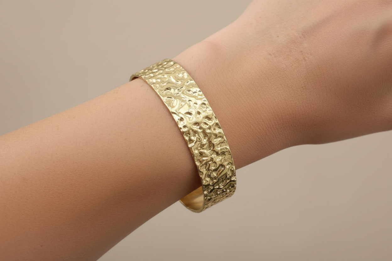 Hammered Texture Open Cuff Bangle 18K Gold Plated