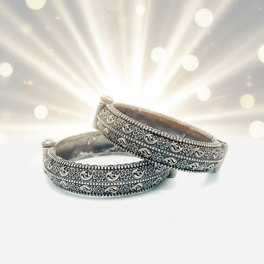 Oxidized Silver Look Kada Bangle Pair | Chunky Floral Indian Bracelet Set (2 Pieces)