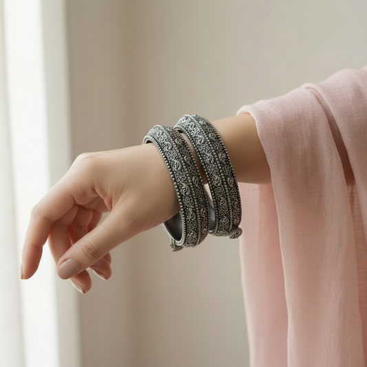 Oxidized Silver Look Kada Bangle Pair | Chunky Floral Indian Bracelet Set (2 Pieces)