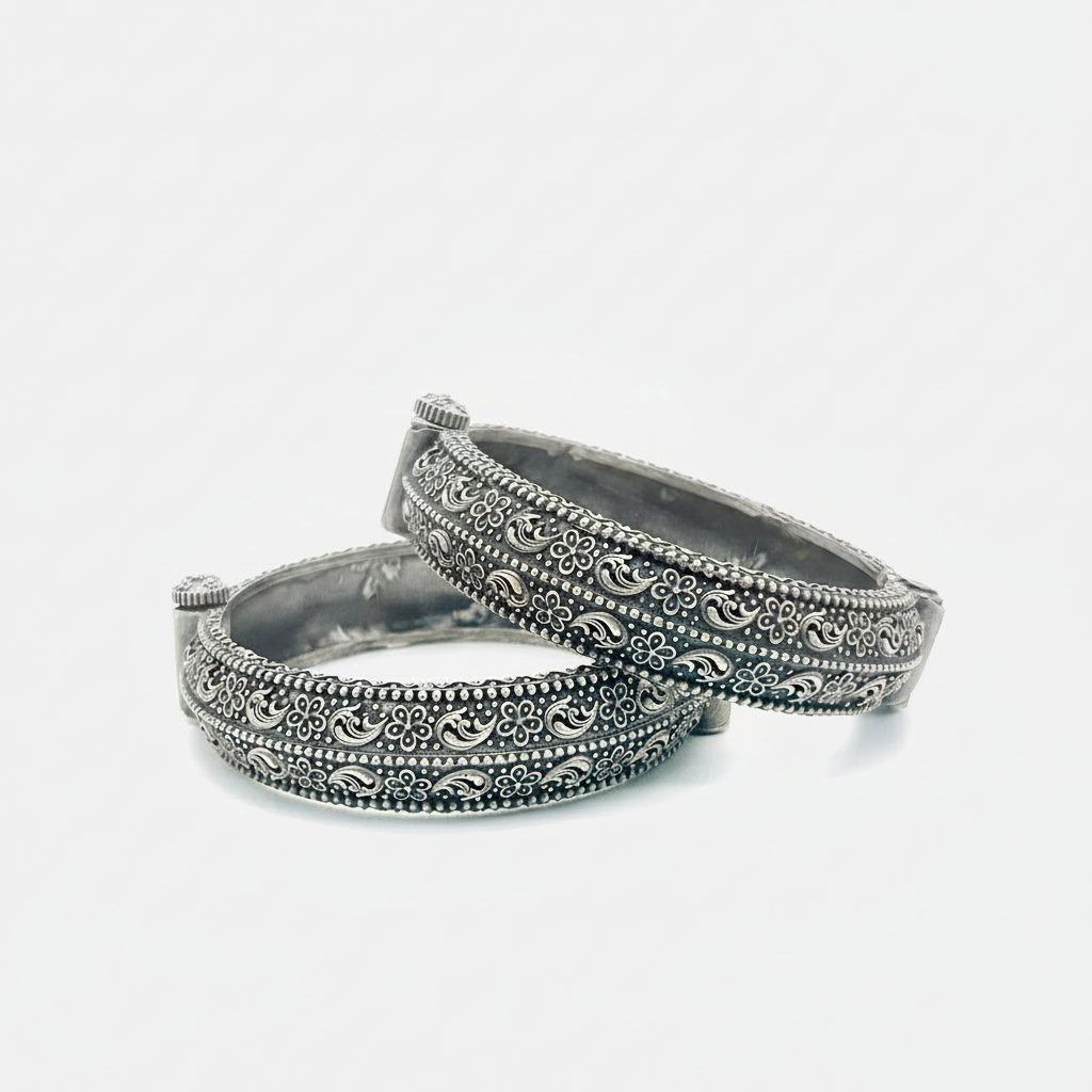 Oxidized Silver Look Kada Bangle Pair | Chunky Floral Indian Bracelet Set (2 Pieces)