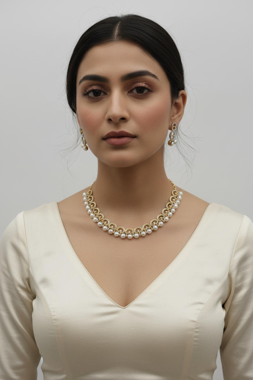 Woman wearing a pearl necklace against a plain background