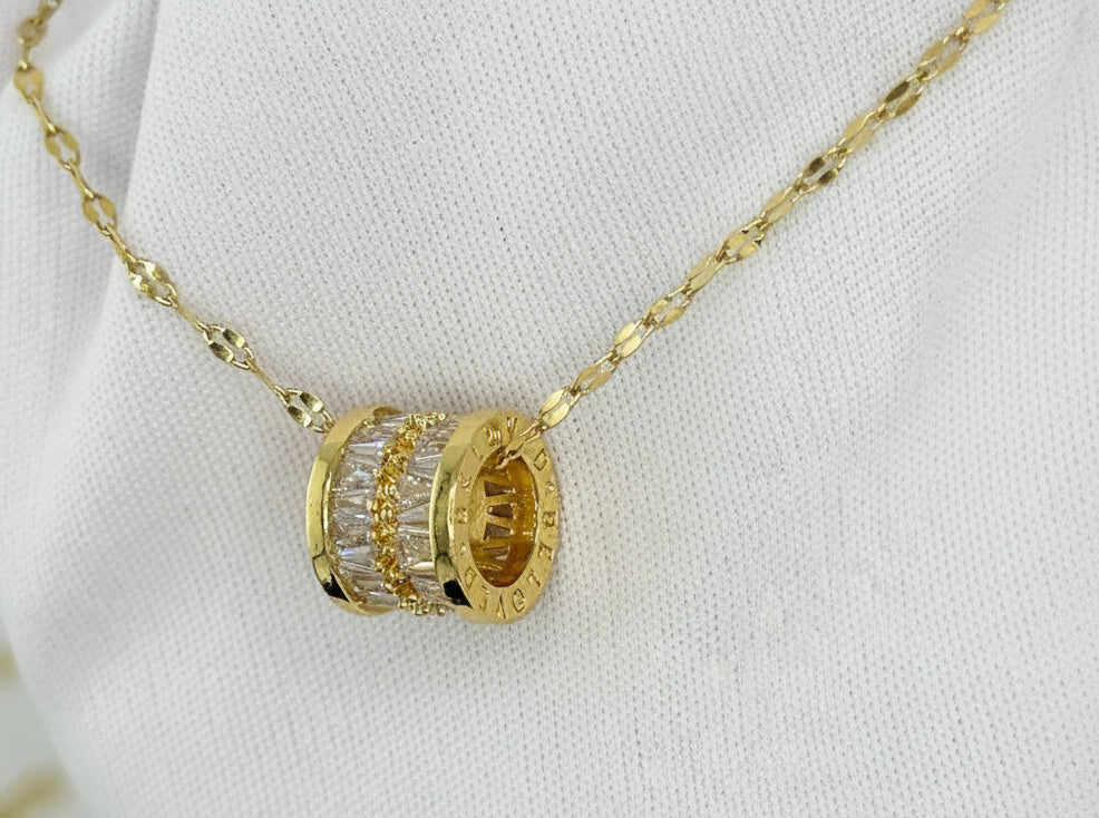 Baguette CZ Roman Numeral Barrel Pendant Necklace | 18K Gold Plated