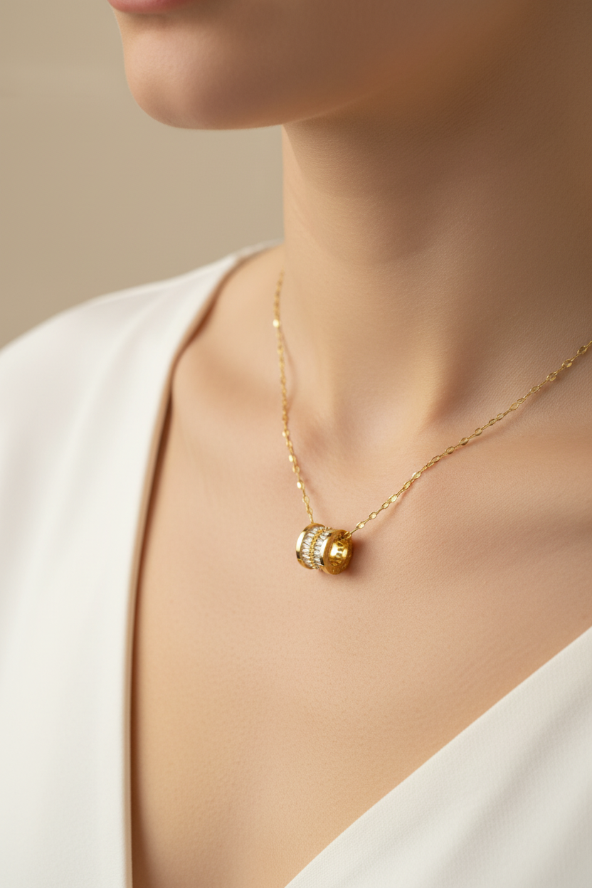 Baguette CZ Roman Numeral Barrel Pendant Necklace | 18K Gold Plated