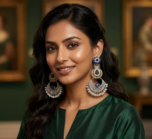 Woman wearing large, ornate earrings in a formal setting with green walls and framed pictures.
